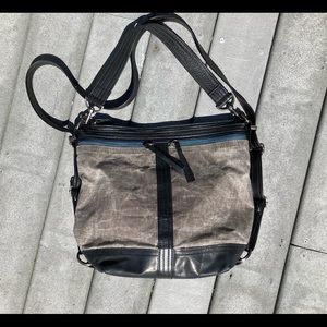 Rough & Tumble Grey Canvas/Black Leather Vintage Hoop Hobo